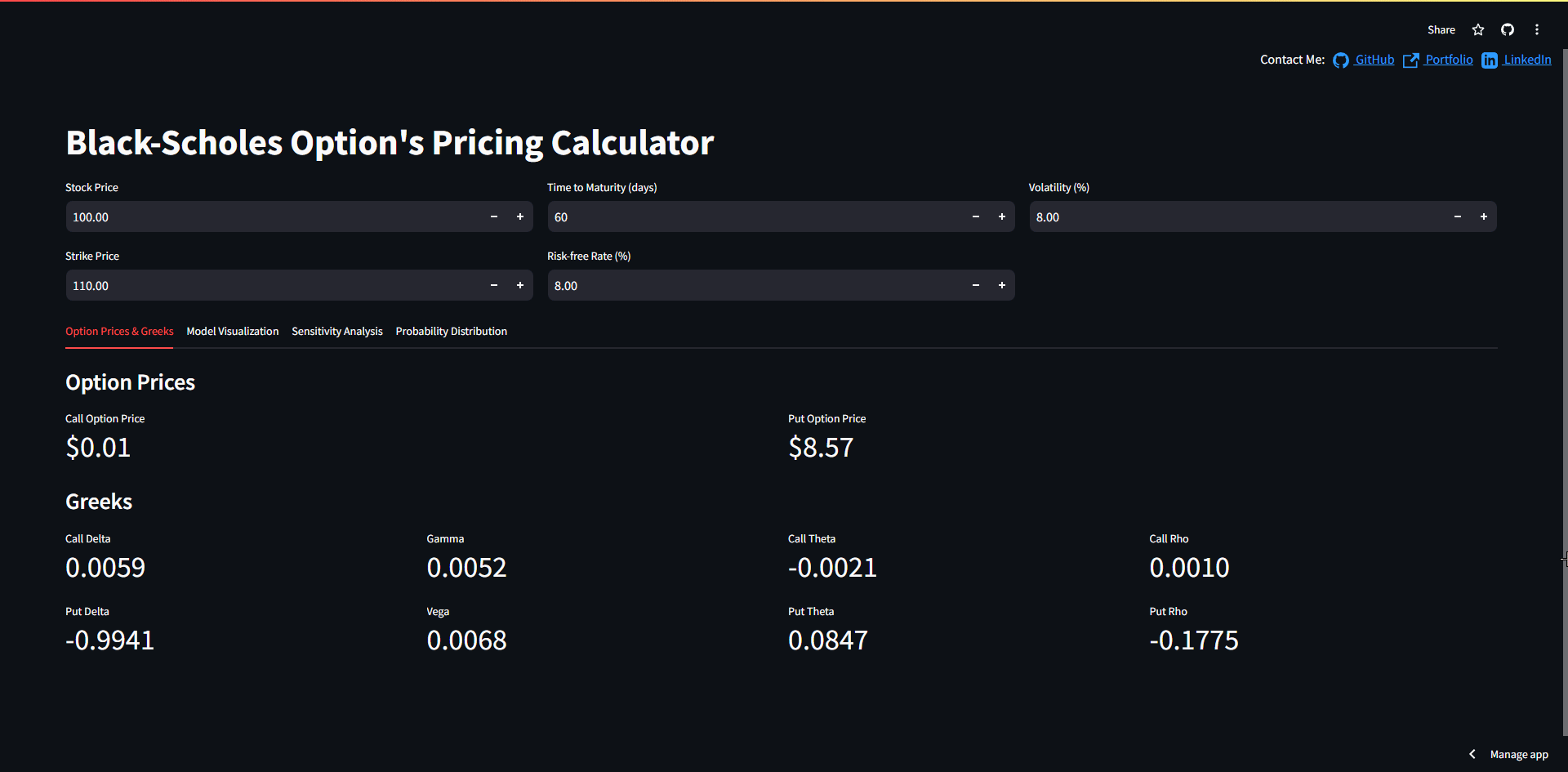 Options Pricing Calculator & Graph Using the Black-Scholes Model